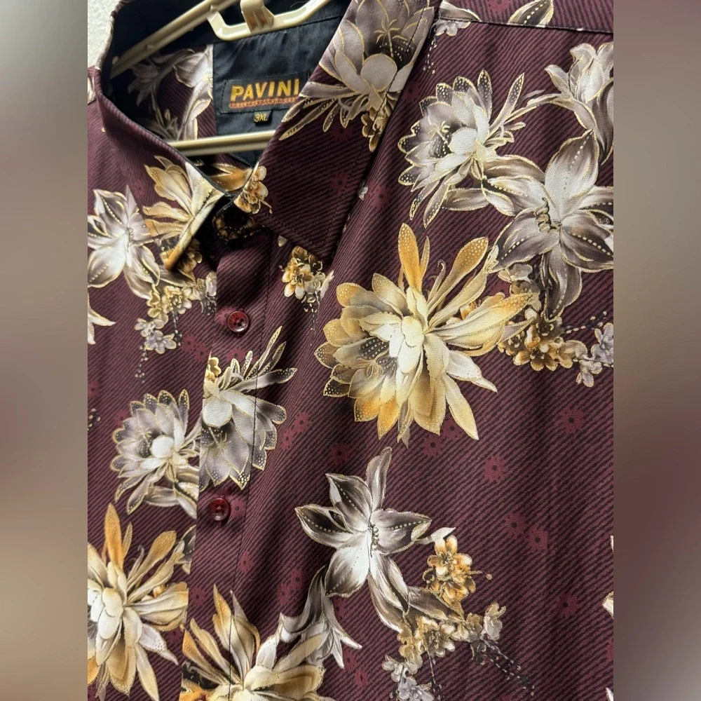 PAVINI Men’s gold lined Floral Burgundy Dress Shirt size 3XL - Picture 3 of 5